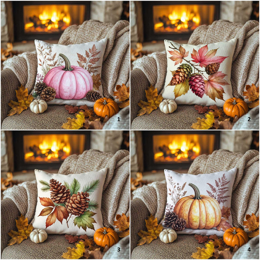 Pink Pumpkin & Pinecone Pillow Cover|Autumn Leaf Cushion Case|Thanksgiving Garden Pillowcase|Rustic Bloom Accent|Cozy Fireside Decor