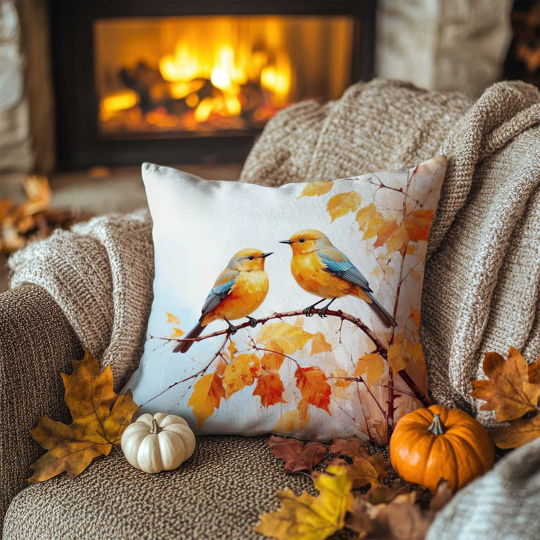 Bird Print Fall Trend Pillowcase|Autumn Leaf Cushion Case|Fall Perch Pillow Cover|Rustic Color Blend Accent|Thanksgiving Living Decor