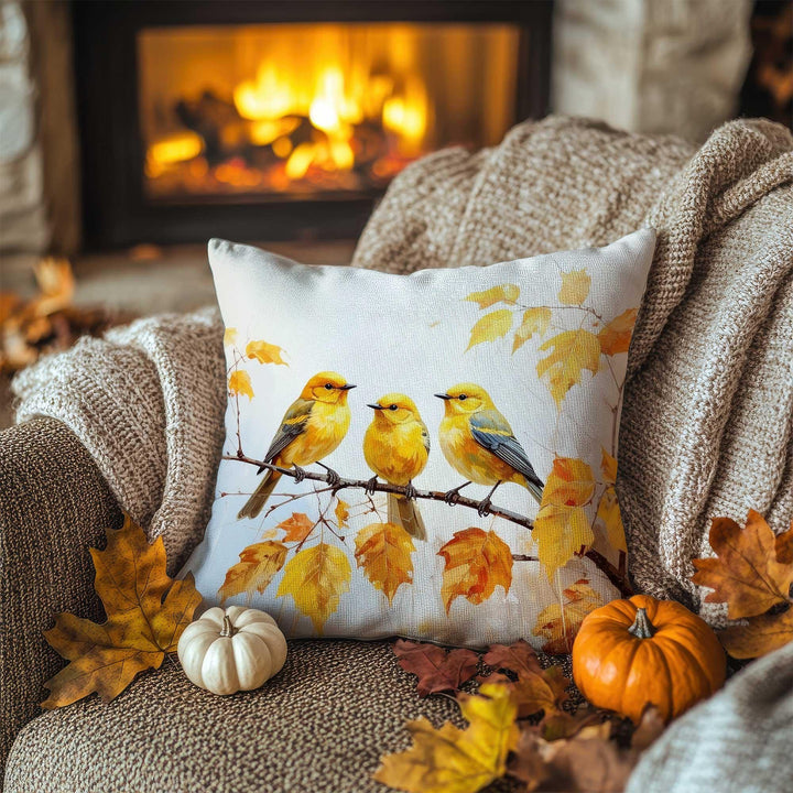 Bird Print Fall Trend Pillowcase|Autumn Leaf Cushion Case|Fall Perch Pillow Cover|Rustic Color Blend Accent|Thanksgiving Living Decor