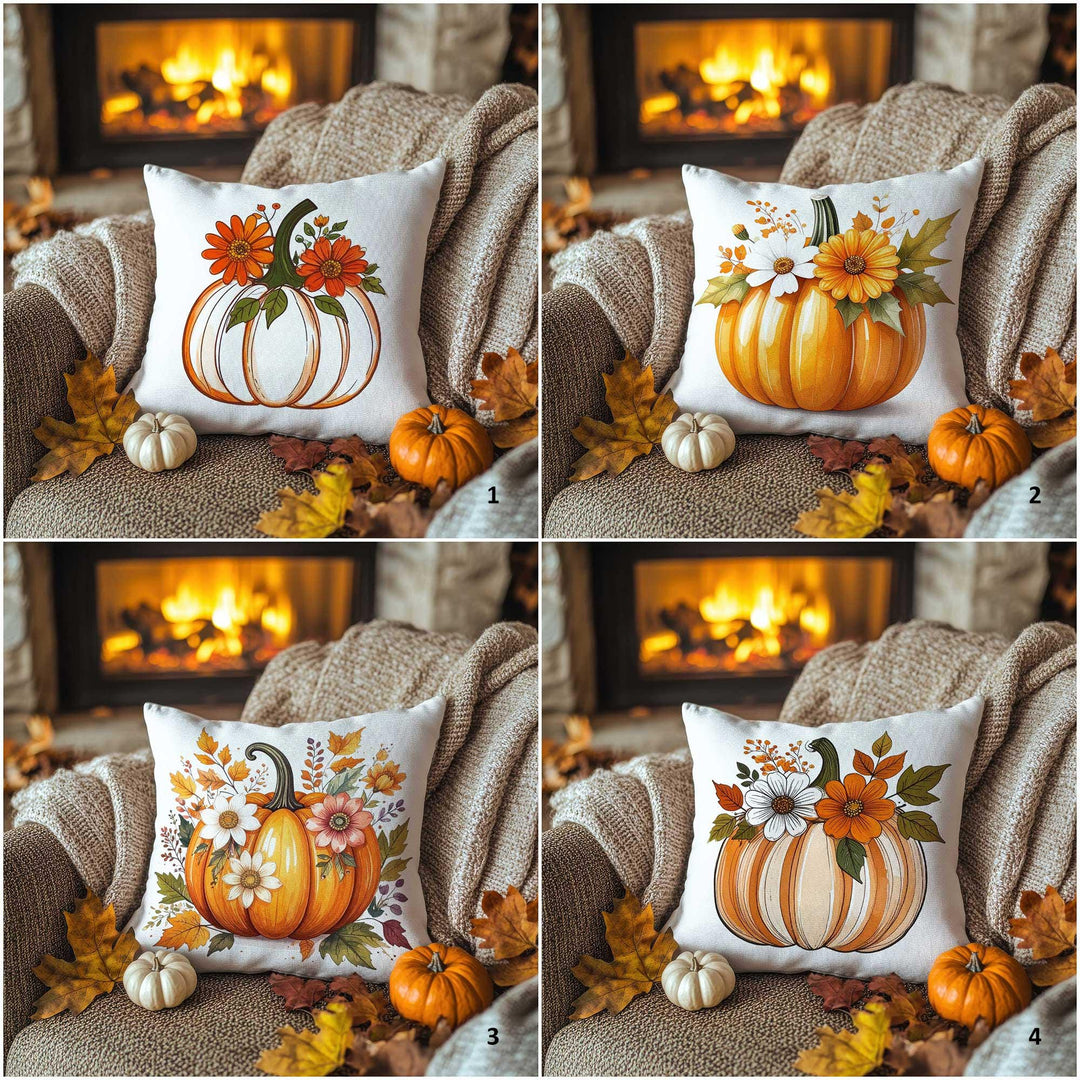 Floral Pumpkin Pillow Cover in Orange & White|Autumn Bloom Cushion Case|Thanksgiving Garden Pillowcase|Rustic Petal Accent|Fall Sofa Decor