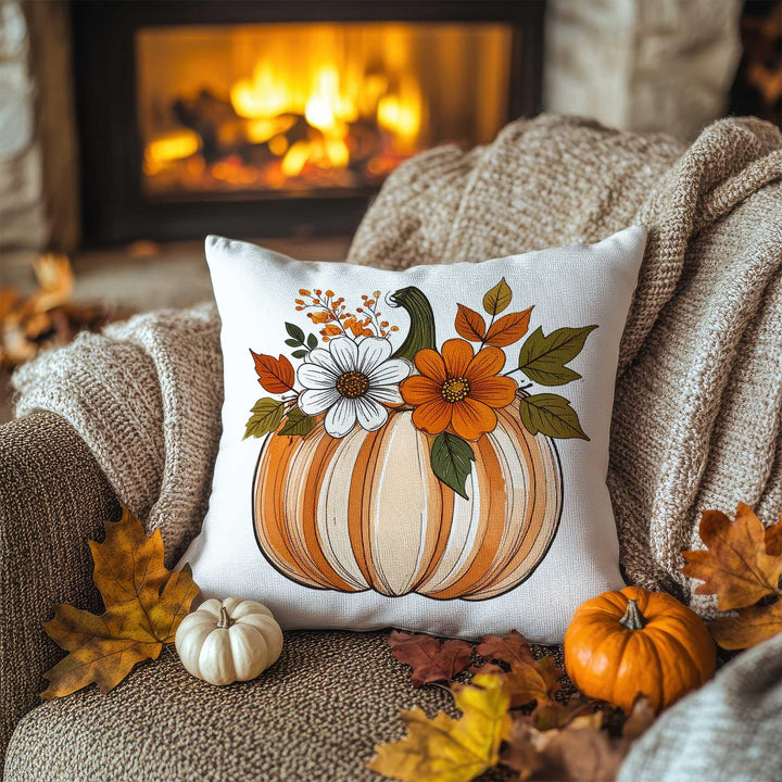 Floral Pumpkin Pillow Cover in Orange & White|Autumn Bloom Cushion Case|Thanksgiving Garden Pillowcase|Rustic Petal Accent|Fall Sofa Decor