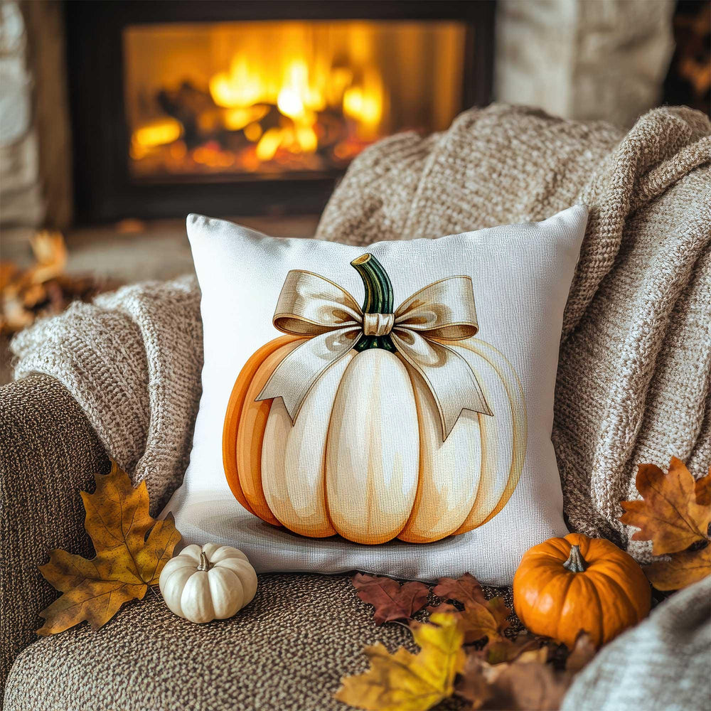 Ribboned Pumpkin Pillow Cover|Autumn Bow Cushion Case|Thanksgiving Charm Pillowcase|Rustic Accent Thread|Cozy Fireside Decor