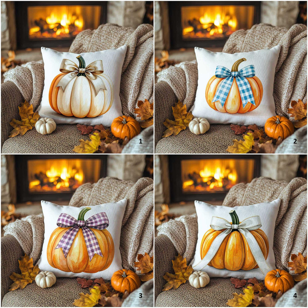 Ribboned Pumpkin Pillow Cover|Autumn Bow Cushion Case|Thanksgiving Charm Pillowcase|Rustic Accent Thread|Cozy Fireside Decor