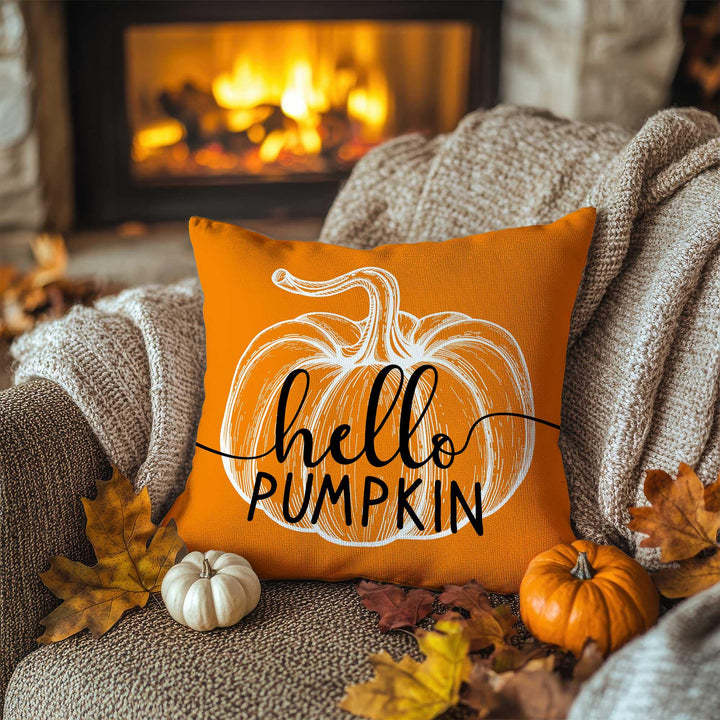 Orange and White Design Fall Pillowcase|Autumn Greeting Cushion Case|Pumpkin Sketch Pillow Cover|Thanksgiving Living Decor