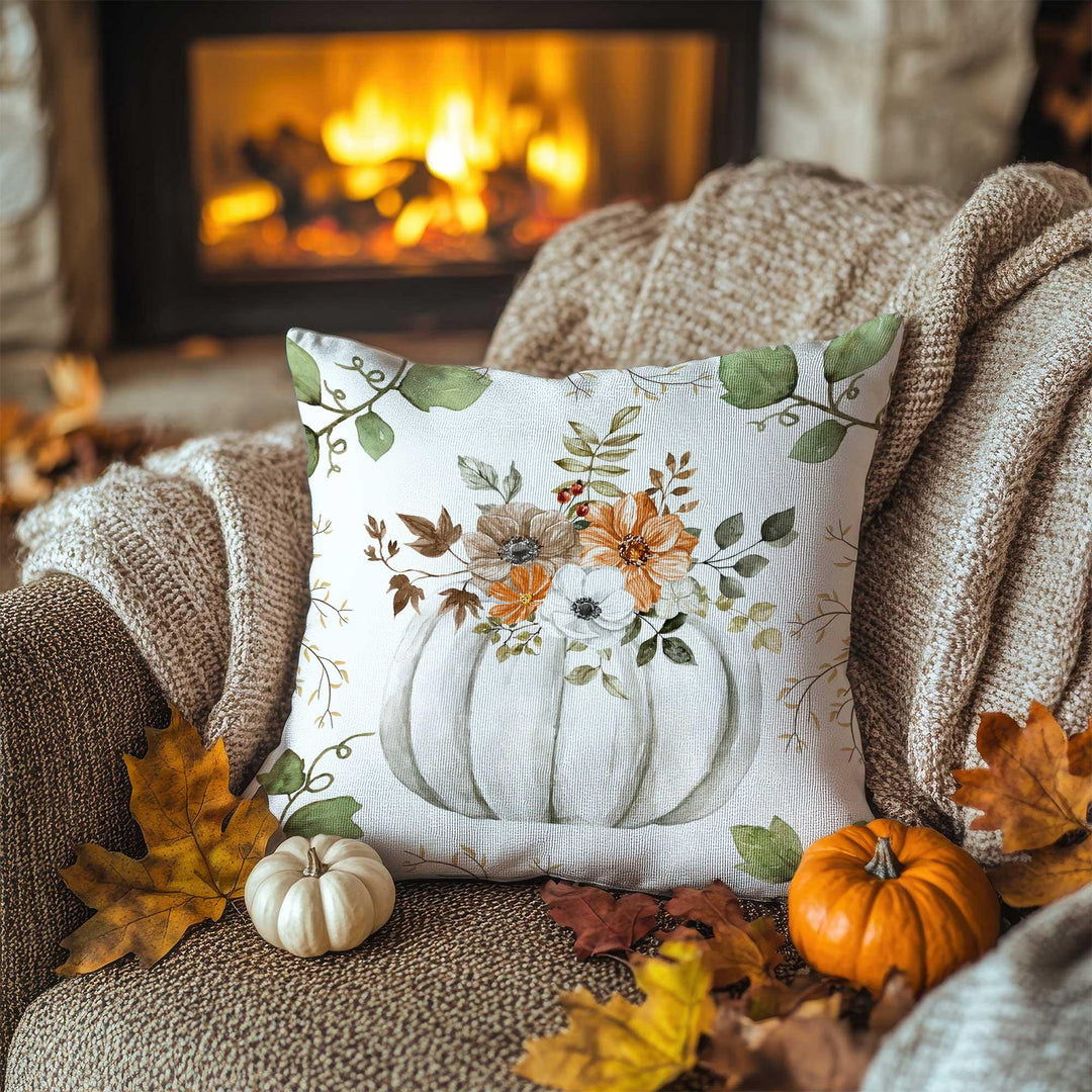 Autumn Pumpkin Pillow Cover|Floral Harvest Cushion Case|Thanksgiving Garden Pillowcase|Rustic Bloom Accent|Seasonal Cozy Decor