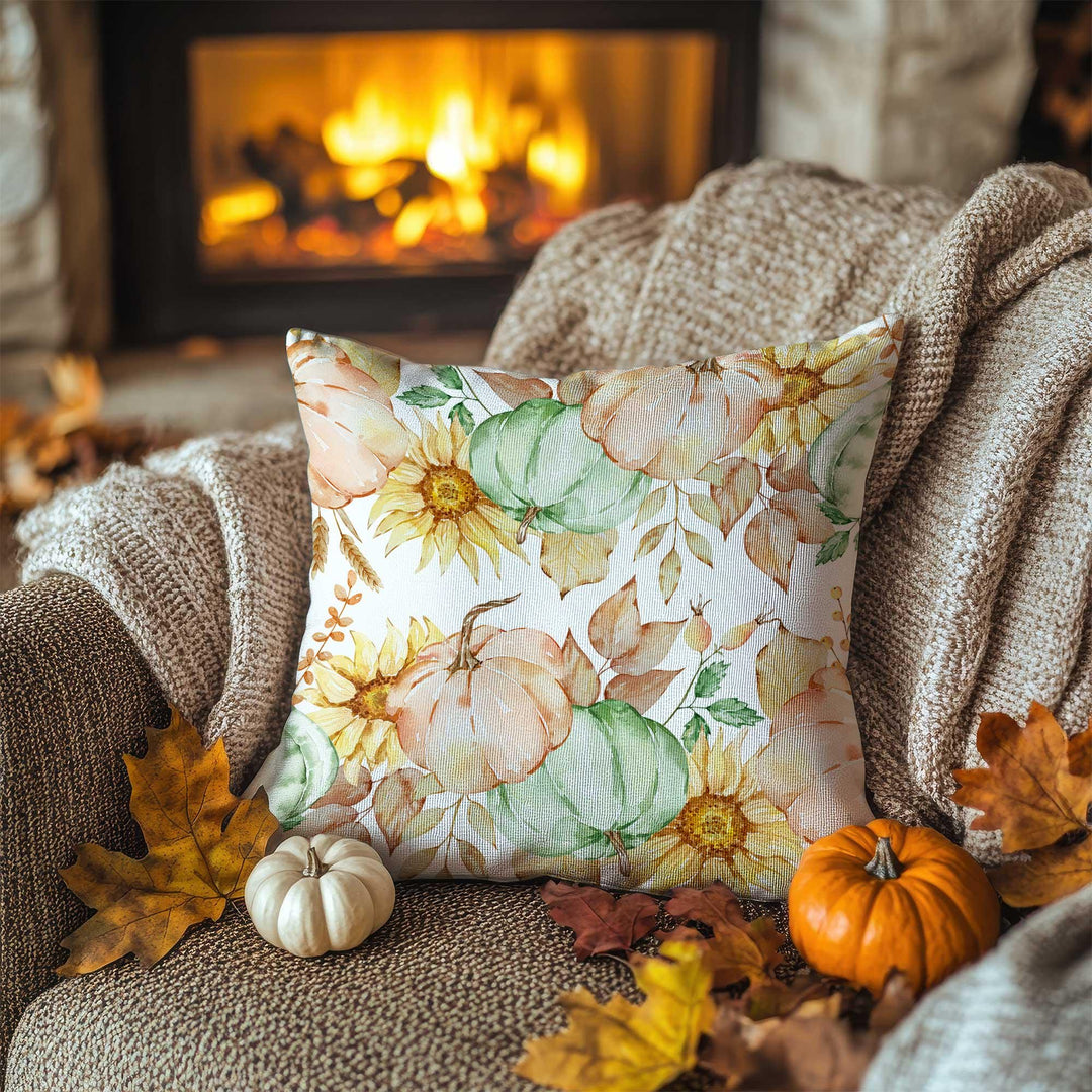 Autumn Pumpkin Pillow Cover|Floral Harvest Cushion Case|Thanksgiving Garden Pillowcase|Rustic Bloom Accent|Seasonal Cozy Decor
