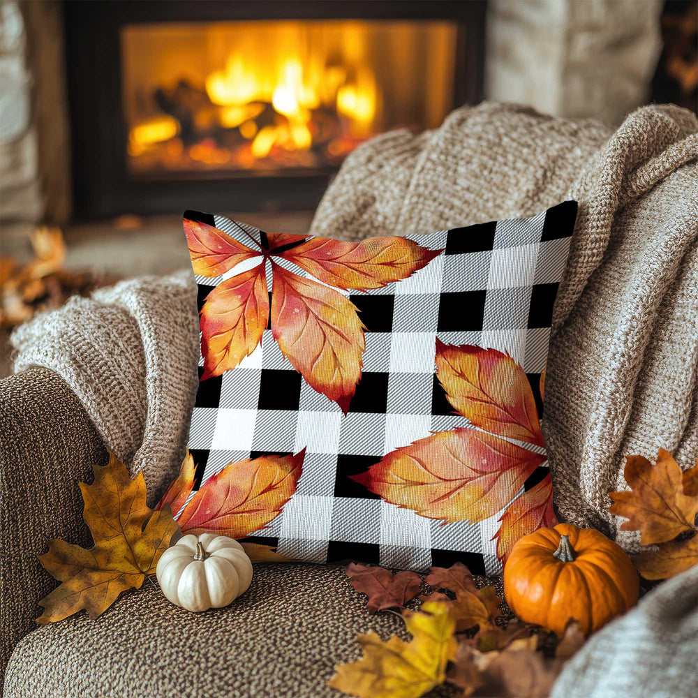 Fall Trend Buffalo Check Pillow Cover|Autumn Leaf Cushion Case|Thanksgiving Text Pillowcase|Rustic Pumpkin Accent|Cozy Sofa Decor