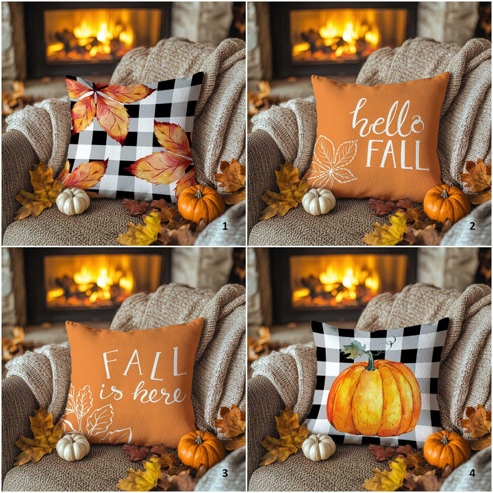 Fall Trend Buffalo Check Pillow Cover|Autumn Leaf Cushion Case|Thanksgiving Text Pillowcase|Rustic Pumpkin Accent|Cozy Sofa Decor