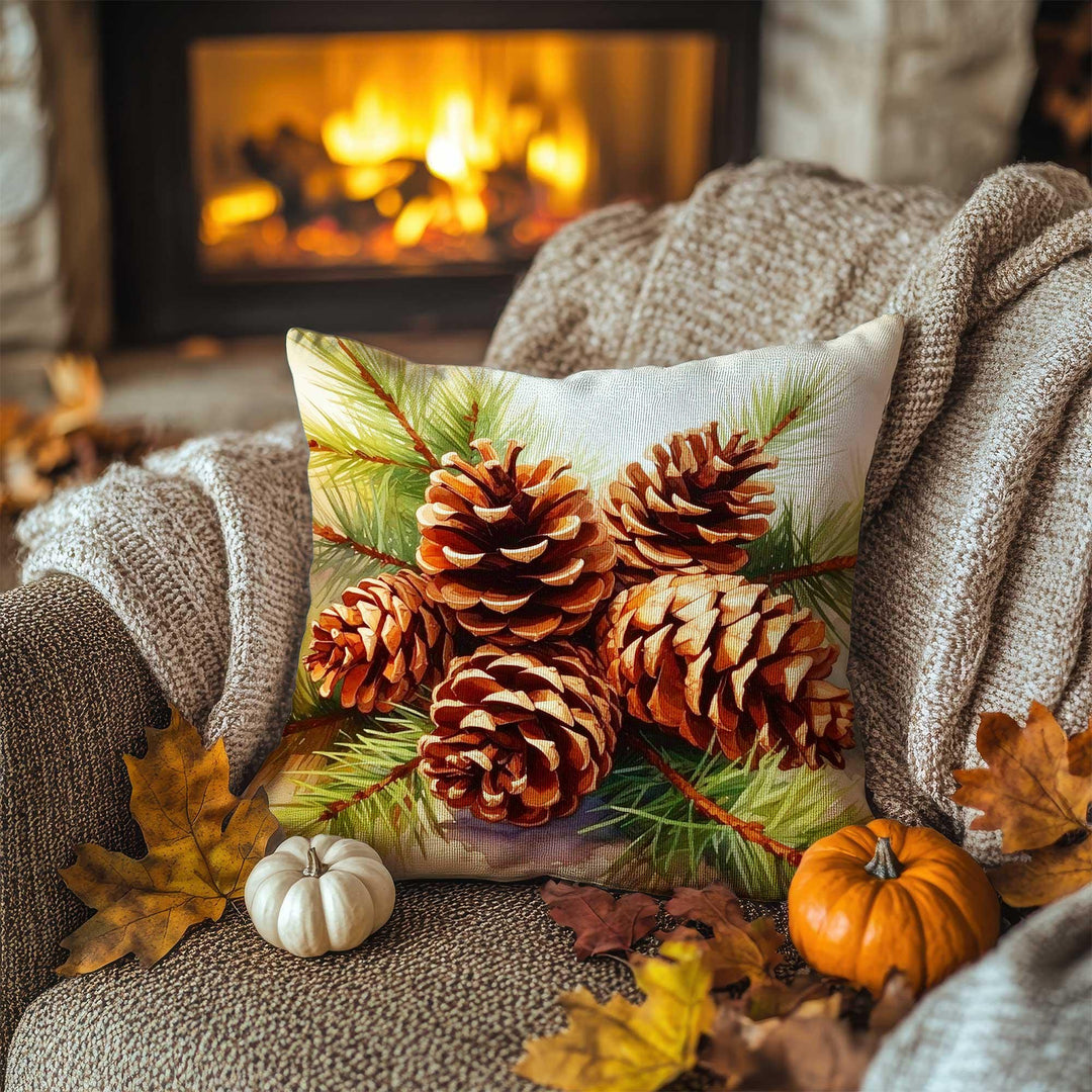 Autumn Pine Needle and Cone Pillowcase|Fall Harvest Cushion Case|Cozy Cabin Pillow Cover|Woodland Retreat Accent|Thanksgiving Home Decor