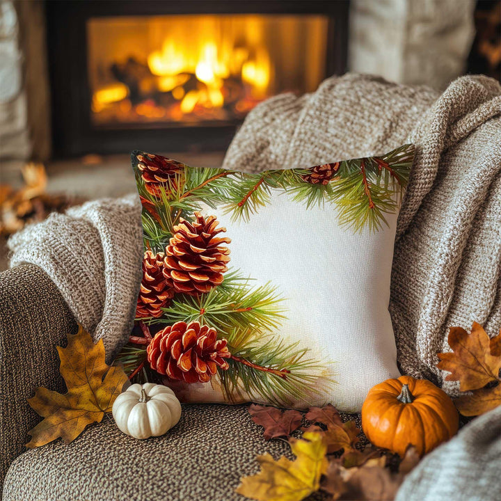 Autumn Pine Needle and Cone Pillowcase|Fall Harvest Cushion Case|Cozy Cabin Pillow Cover|Woodland Retreat Accent|Thanksgiving Home Decor