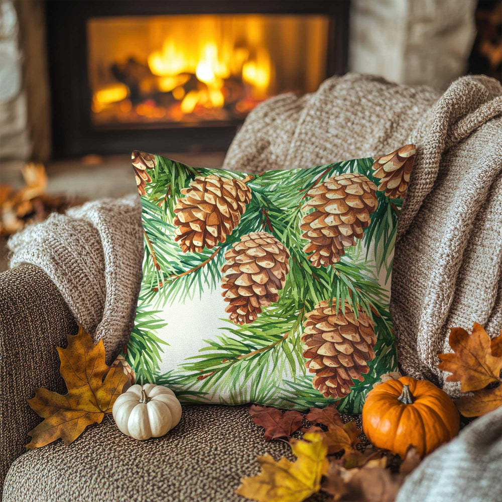 Pinecone and Needle Print Fall Pillowcase|Autumn Forest Cushion Case|Thanksgiving Pillow Cover|Rustic Woodland Accent|Farmhouse Sofa Decor