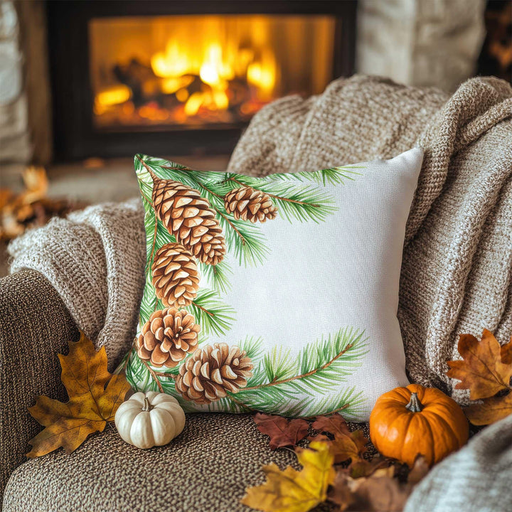 Pinecone and Needle Print Fall Pillowcase|Autumn Forest Cushion Case|Thanksgiving Pillow Cover|Rustic Woodland Accent|Farmhouse Sofa Decor