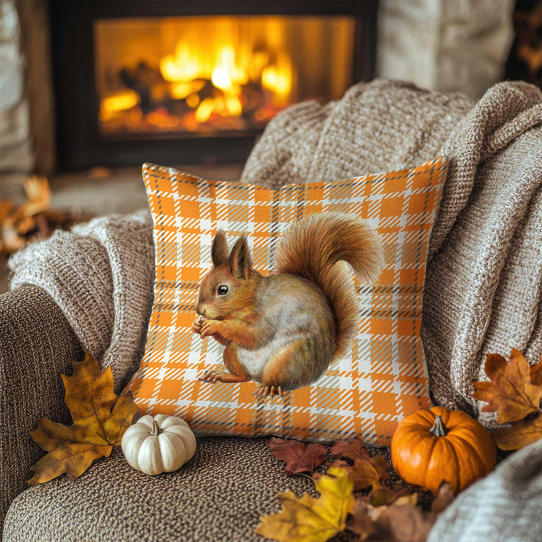 Squirrel and Leaf Print Pillowcase|Rustic Plaid Cushion Case|Fall Trend Pillow Cover|Warm Woodland Accent|Farmhouse Autumn Decor