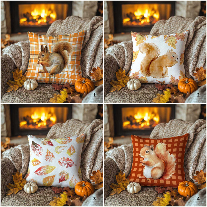 Squirrel and Leaf Print Pillowcase|Rustic Plaid Cushion Case|Fall Trend Pillow Cover|Warm Woodland Accent|Farmhouse Autumn Decor