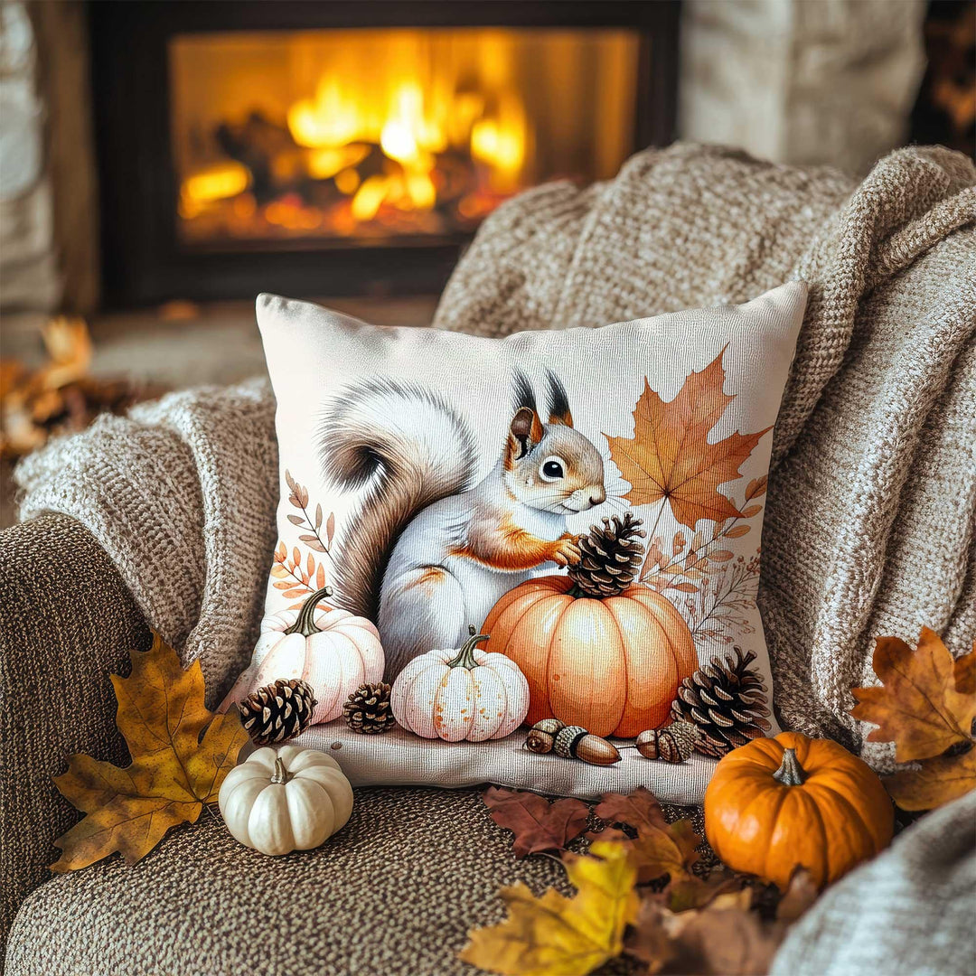 Fall Trend Pillow Cover|Autumn Squirrel Cushion Case|Rustic Pumpkin Pillowcase|Harvest Season Accent|Farmhouse Cozy Decor