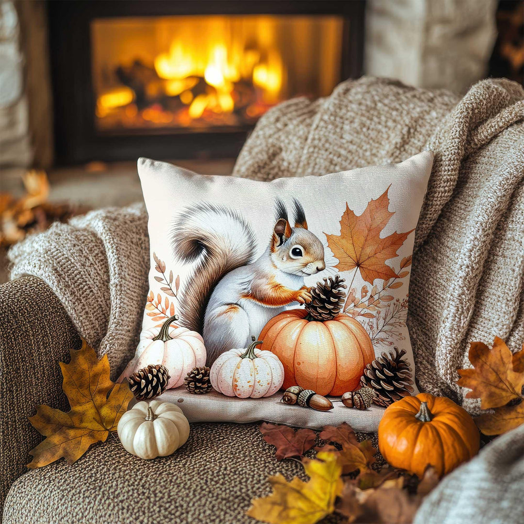 Fall Trend Pillow Cover|Autumn Squirrel Cushion Case|Rustic Pumpkin Pillowcase|Harvest Season Accent|Farmhouse Cozy Decor