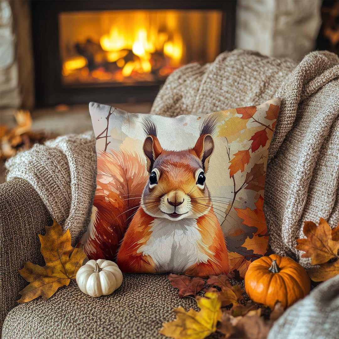 Fall Trend Pillow Cover|Autumn Squirrel Cushion Case|Rustic Pumpkin Pillowcase|Harvest Season Accent|Farmhouse Cozy Decor