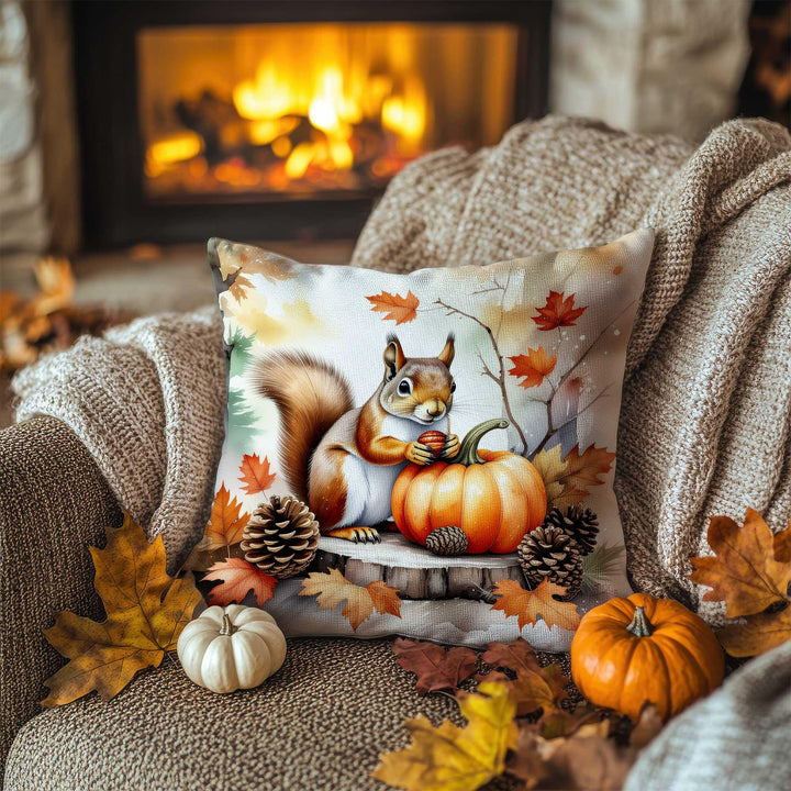 Fall Trend Pillow Cover|Autumn Squirrel Cushion Case|Rustic Forest Pillowcase|Harvest Season Accent|Farmhouse Pumpkin Sofa Decor