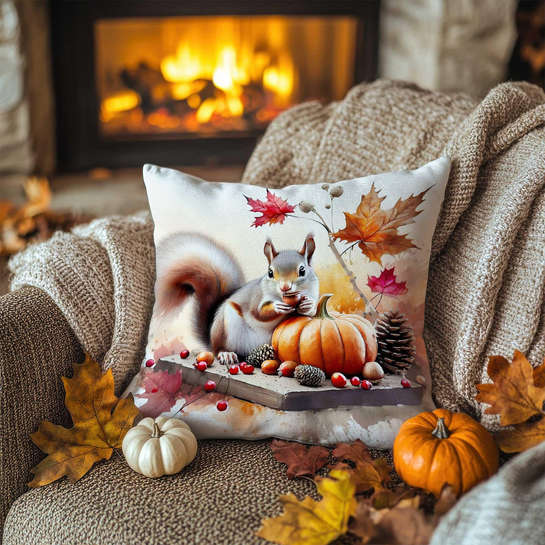 Fall Trend Pillow Cover|Autumn Squirrel Cushion Case|Rustic Forest Pillowcase|Harvest Season Accent|Farmhouse Pumpkin Sofa Decor