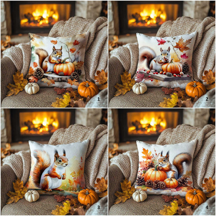Fall Trend Pillow Cover|Autumn Squirrel Cushion Case|Rustic Forest Pillowcase|Harvest Season Accent|Farmhouse Pumpkin Sofa Decor