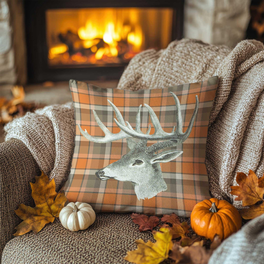 Fall Trend Pillow Cover|Plaid Deer Cushion Case|Rustic Antler Pillowcase|Autumn Lodge Accent|Farmhouse Porch Decor