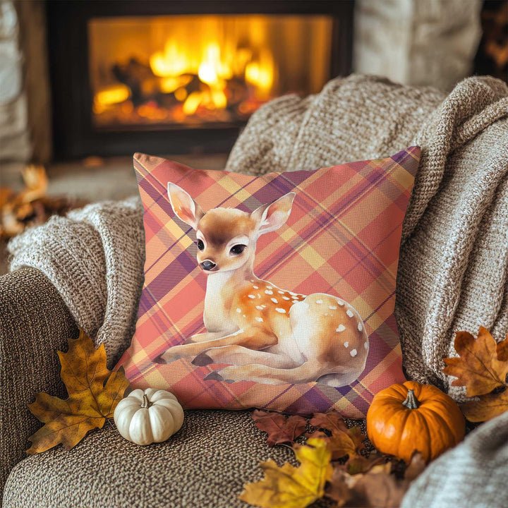 Fall Trend Pillow Cover|Plaid Deer Cushion Case|Rustic Antler Pillowcase|Autumn Lodge Accent|Farmhouse Porch Decor