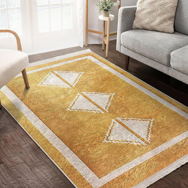 Golden Yellow Diamond Rug|Modern Abstract Floor Mat|Boho Minimalist Carpet|Machine-Washable Non-Slip Living Room Rug|Cozy Floor Covering