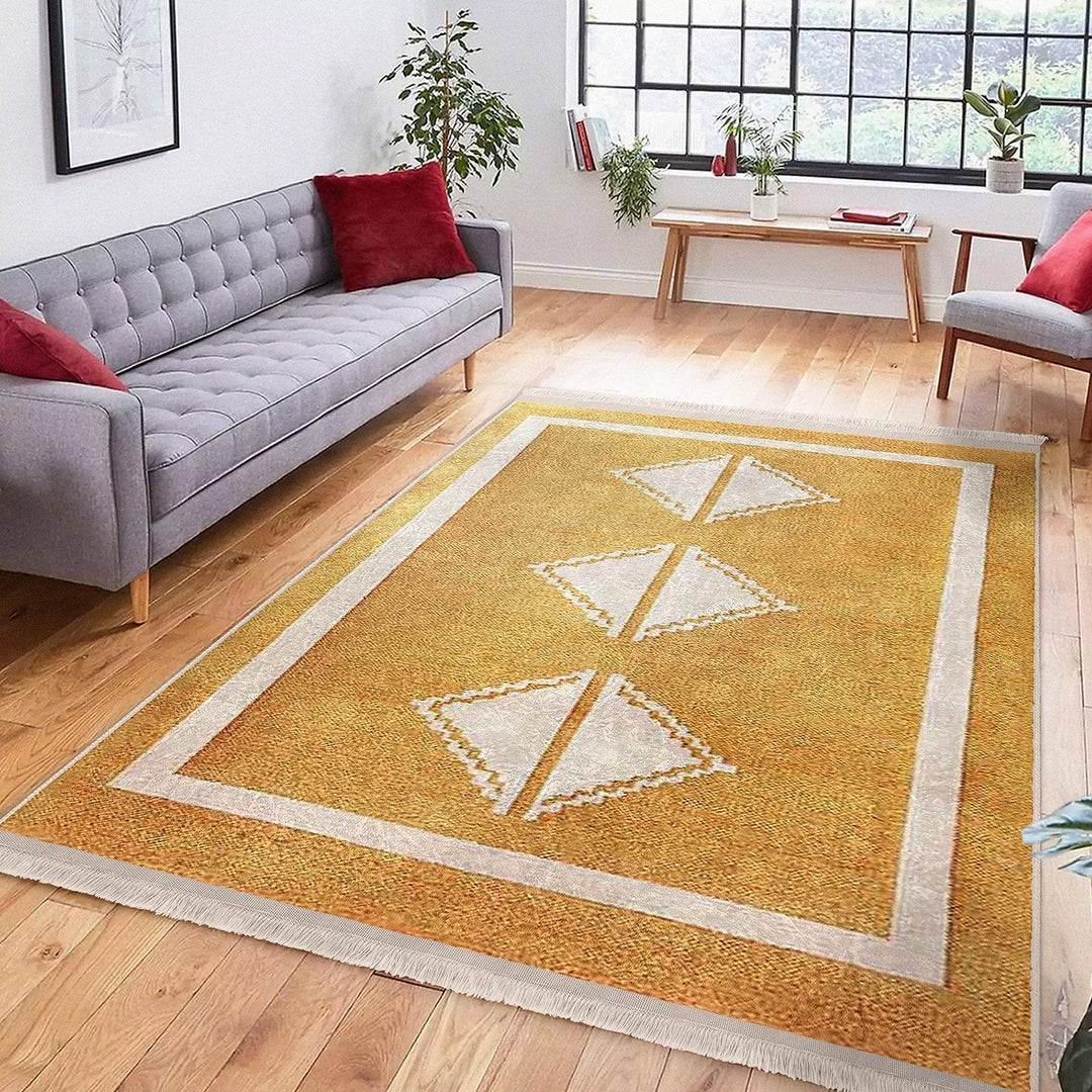 Golden Yellow Diamond Rug|Modern Abstract Floor Mat|Boho Minimalist Carpet|Machine-Washable Non-Slip Living Room Rug|Cozy Floor Covering