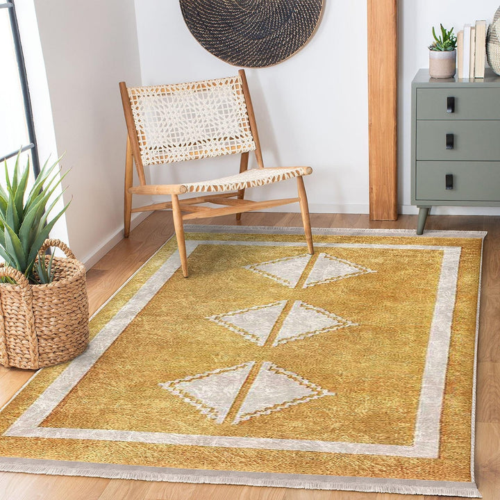 Golden Yellow Diamond Rug|Modern Abstract Floor Mat|Boho Minimalist Carpet|Machine-Washable Non-Slip Living Room Rug|Cozy Floor Covering