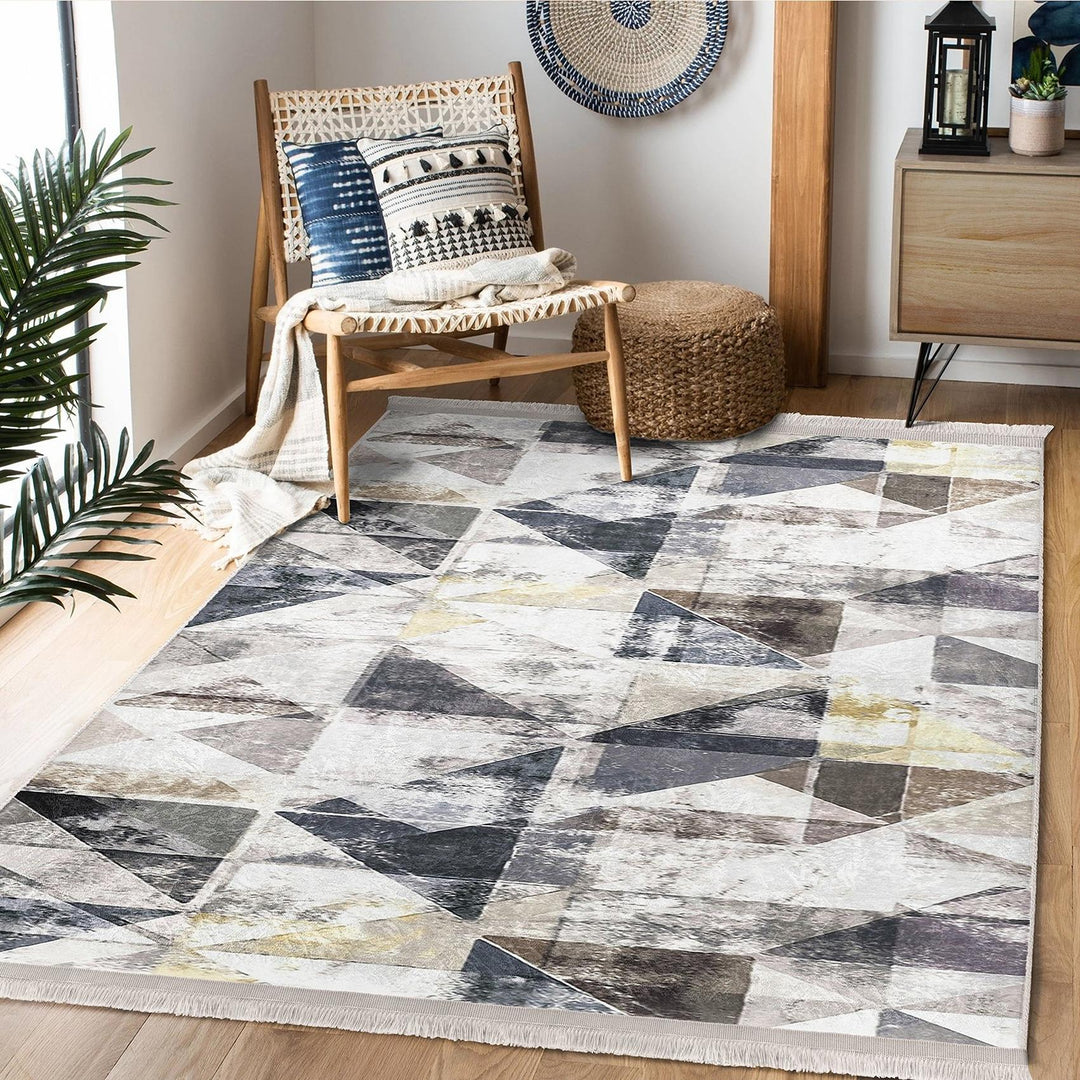 Gray Geometric Area Rug|Modern Neutral Carpet|Boho Cozy Living Room Decor|Machine-Washable Non-Slip Rug|Scandi Style Home Update