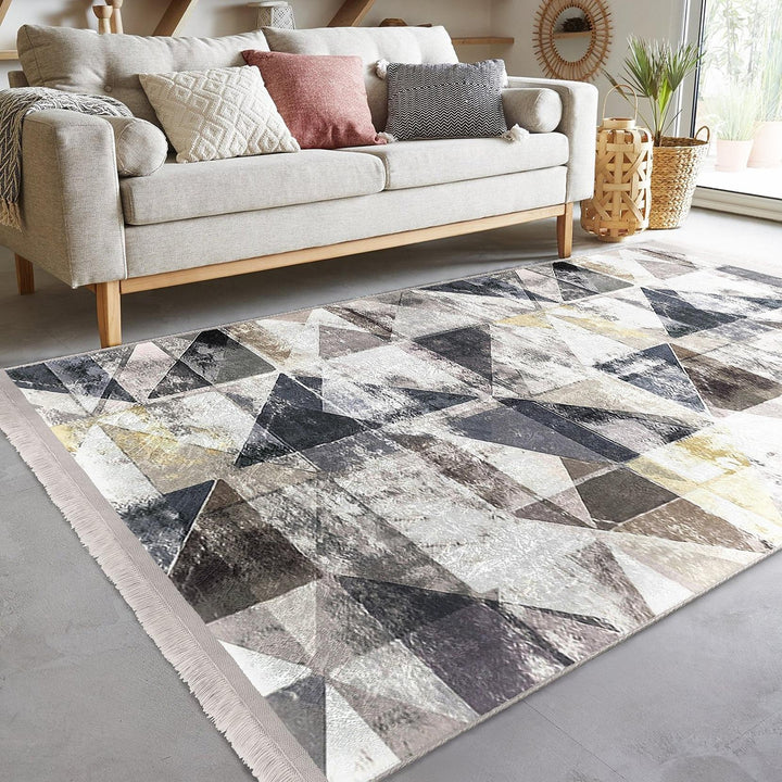 Gray Geometric Area Rug|Modern Neutral Carpet|Boho Cozy Living Room Decor|Machine-Washable Non-Slip Rug|Scandi Style Home Update