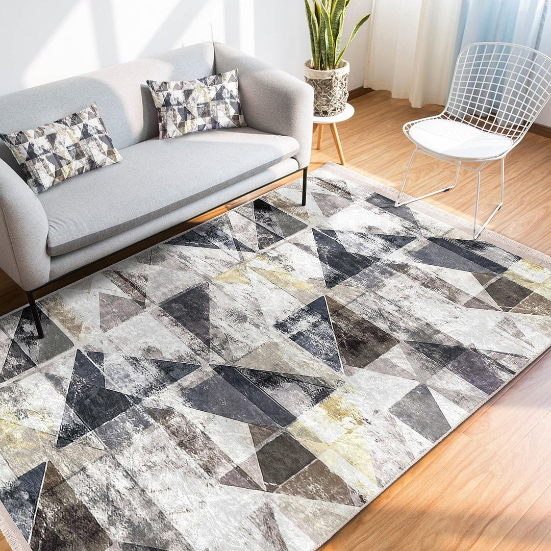 Gray Geometric Area Rug|Modern Neutral Carpet|Boho Cozy Living Room Decor|Machine-Washable Non-Slip Rug|Scandi Style Home Update
