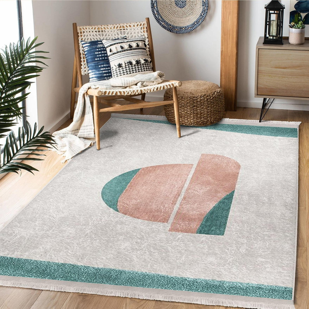 Teal Pink Abstract Rug|Modern Geometric Carpet|Boho Accent Rug|Machine-Washable Carpet|Non-Slip Rug|Colorful Living Room Carpet