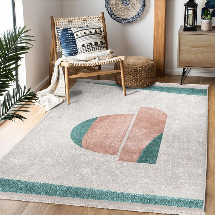 Teal Pink Abstract Rug|Modern Geometric Carpet|Boho Accent Rug|Machine-Washable Carpet|Non-Slip Rug|Colorful Living Room Carpet