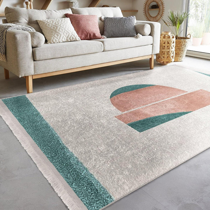 Teal Pink Abstract Rug|Modern Geometric Carpet|Boho Accent Rug|Machine-Washable Carpet|Non-Slip Rug|Colorful Living Room Carpet