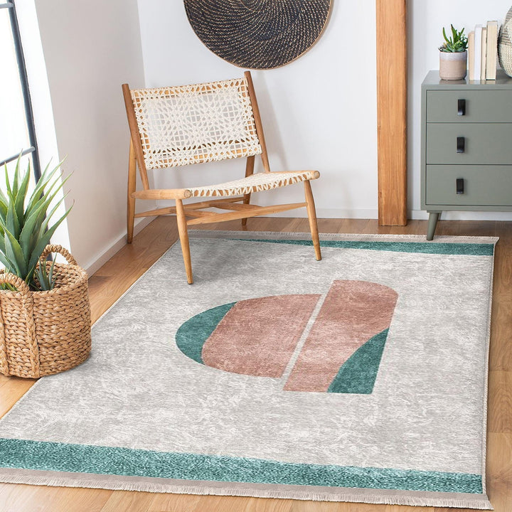 Teal Pink Abstract Rug|Modern Geometric Carpet|Boho Accent Rug|Machine-Washable Carpet|Non-Slip Rug|Colorful Living Room Carpet