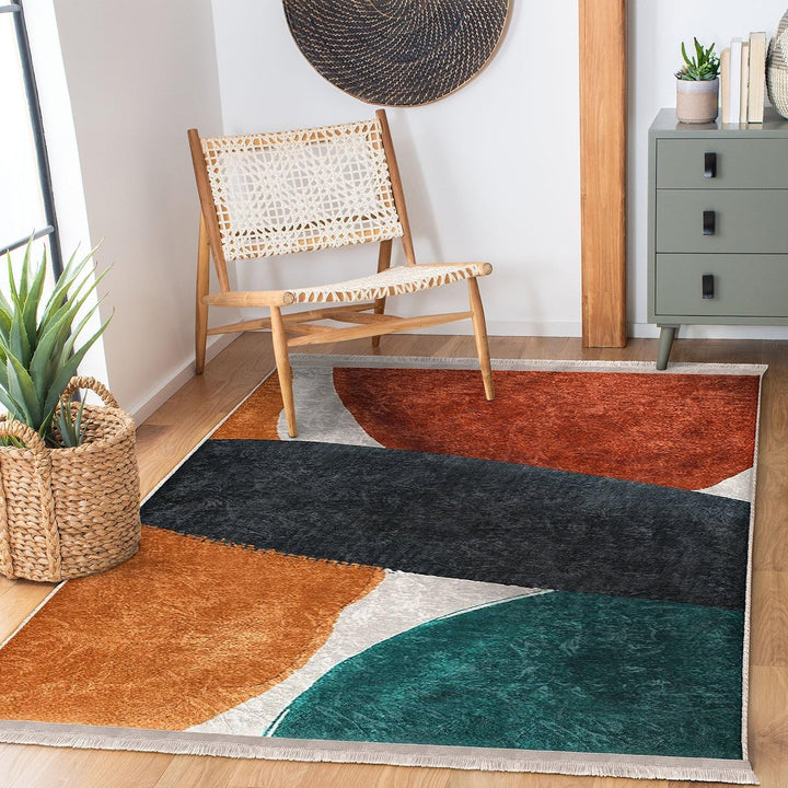 Overlapping Shape Abstract Rug|Modern Art-Inspired Carpet|Boho Patio Rug|Machine-Washable Carpet|Non-Slip Rug|Indoor Carpet