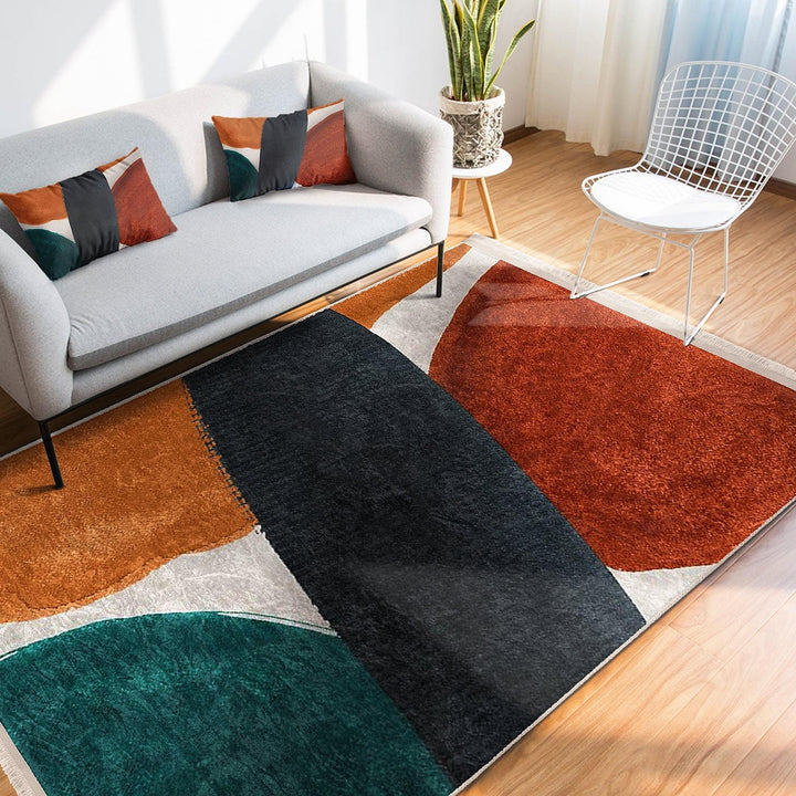 Overlapping Shape Abstract Rug|Modern Art-Inspired Carpet|Boho Patio Rug|Machine-Washable Carpet|Non-Slip Rug|Indoor Carpet