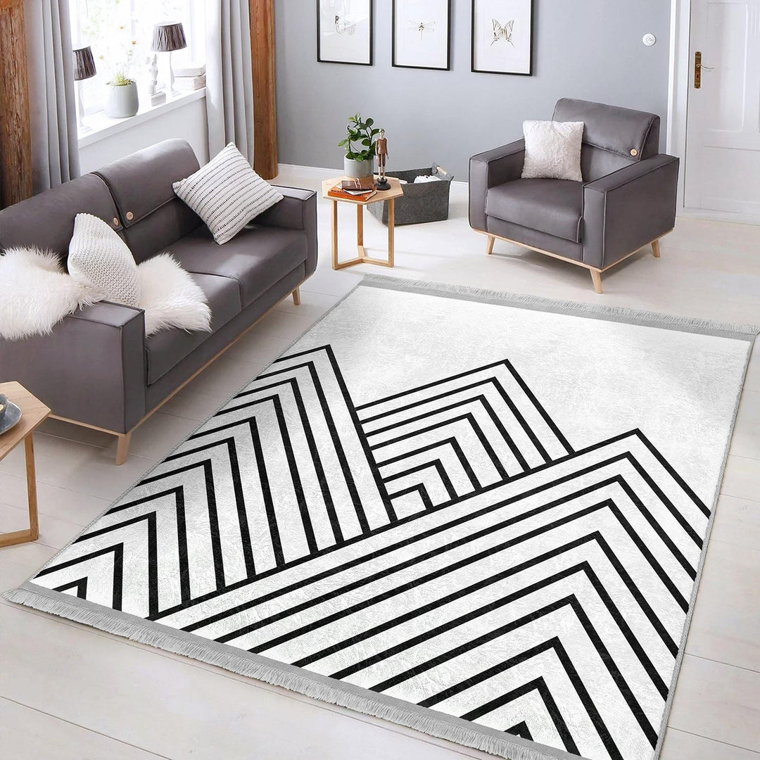 Angular Linework Abstract Rug|Modern Monochrome Carpet|Boho Graphic Pattern Rug|Machine-Washable Carpet|Non-Slip Rug|Artful Carpet