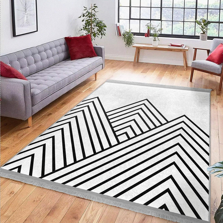 Angular Linework Abstract Rug|Modern Monochrome Carpet|Boho Graphic Pattern Rug|Machine-Washable Carpet|Non-Slip Rug|Artful Carpet