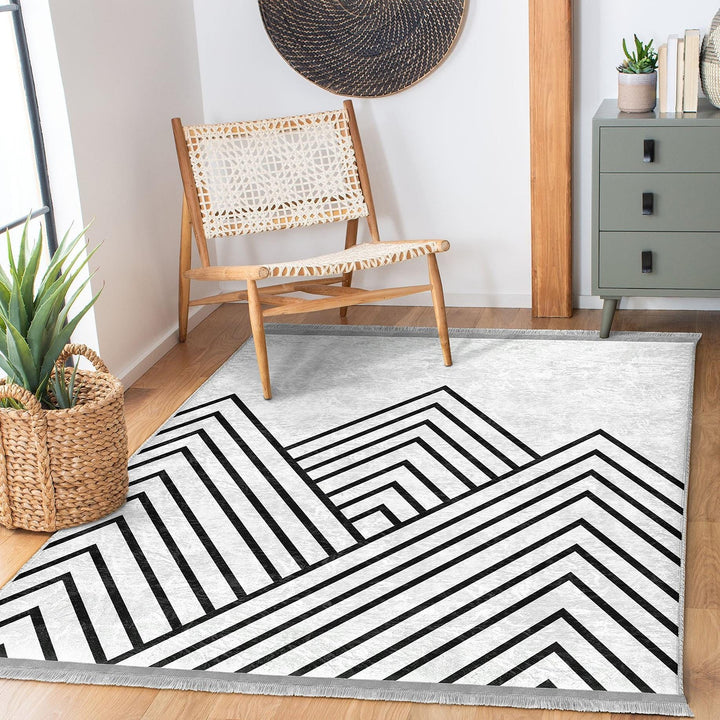 Angular Linework Abstract Rug|Modern Monochrome Carpet|Boho Graphic Pattern Rug|Machine-Washable Carpet|Non-Slip Rug|Artful Carpet