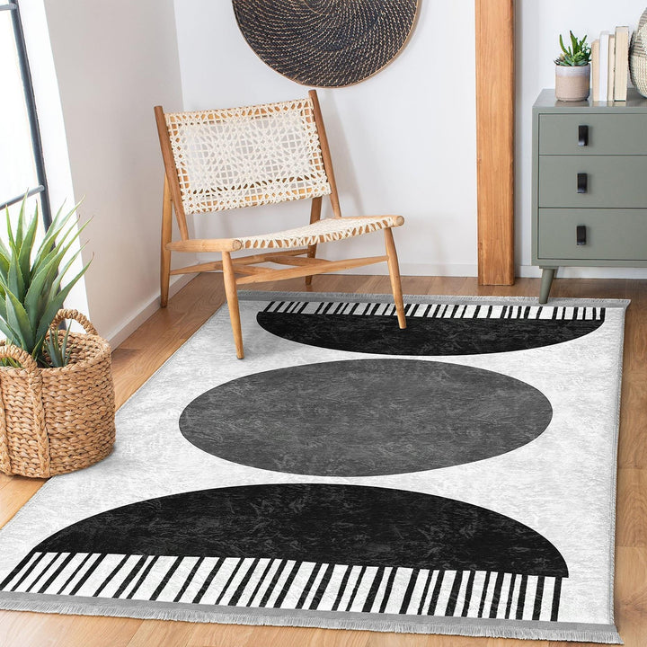 Circle Motif Abstract Rug|Modern Graphic Carpet|Boho Geometric Rug|Machine-Washable Carpet|Non-Slip Rug|Art-Inspired Living Room Carpet