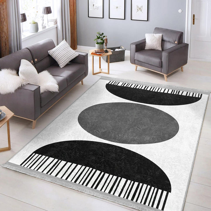 Circle Motif Abstract Rug|Modern Graphic Carpet|Boho Geometric Rug|Machine-Washable Carpet|Non-Slip Rug|Art-Inspired Living Room Carpet