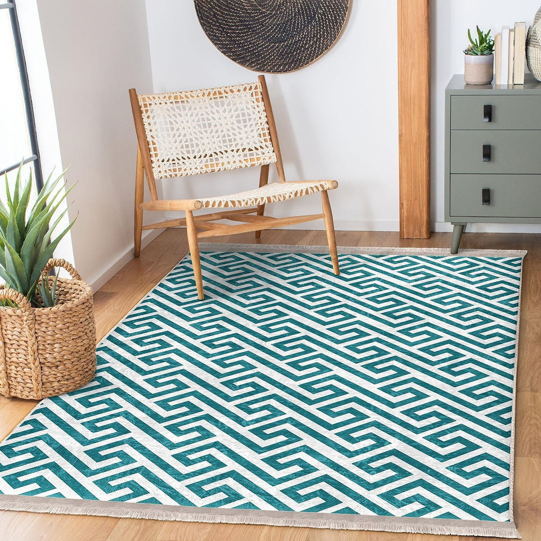 Teal Geometric Rug|Modern Minimalist Carpet|Abstract Pattern Floor Mat|Washable&Non-Slip|Scandinavian Style Decor|Cozy Room Accent