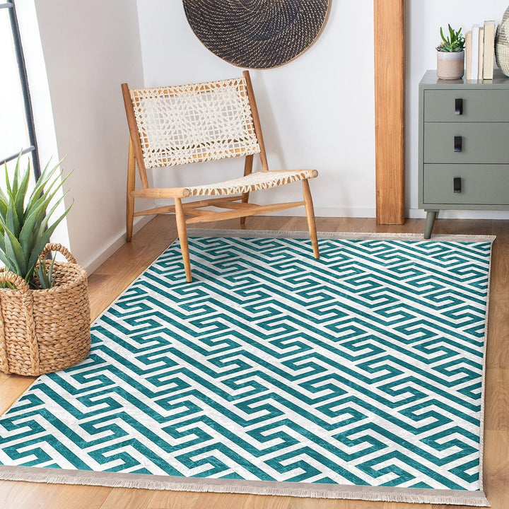 Teal Geometric Rug|Modern Minimalist Carpet|Abstract Pattern Floor Mat|Washable&Non-Slip|Scandinavian Style Decor|Cozy Room Accent