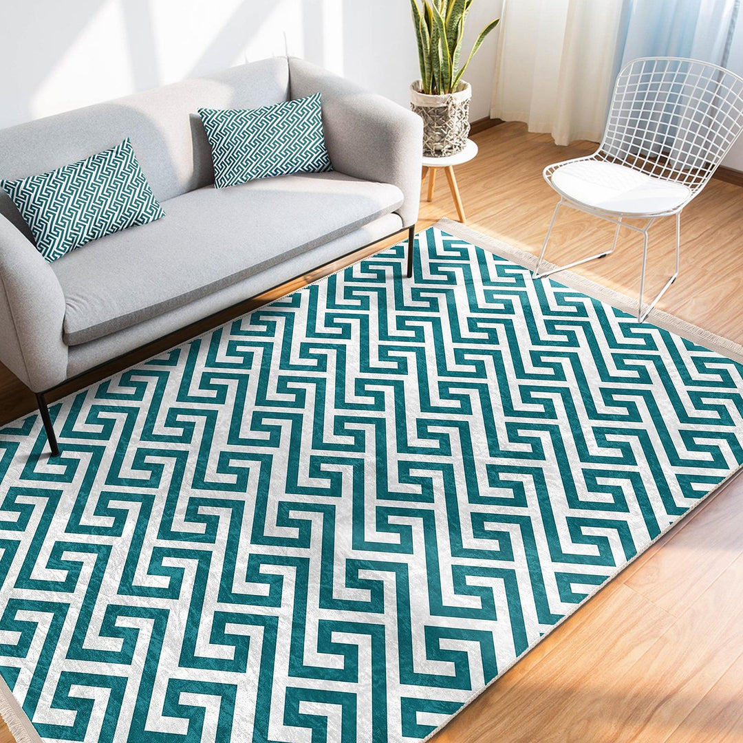 Teal Geometric Rug|Modern Minimalist Carpet|Abstract Pattern Floor Mat|Washable&Non-Slip|Scandinavian Style Decor|Cozy Room Accent