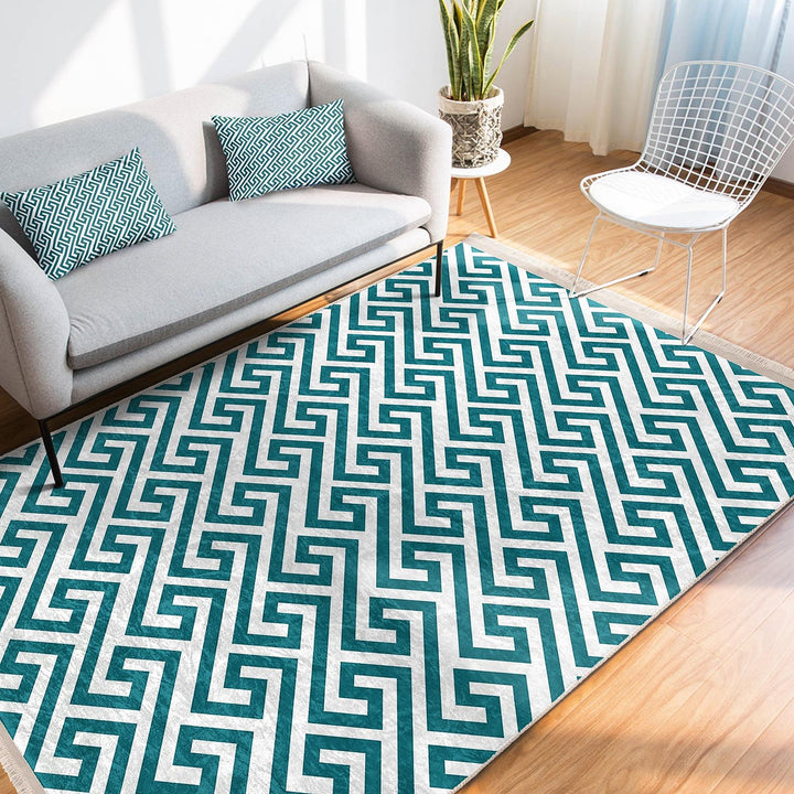 Teal Geometric Rug|Modern Minimalist Carpet|Abstract Pattern Floor Mat|Washable&Non-Slip|Scandinavian Style Decor|Cozy Room Accent