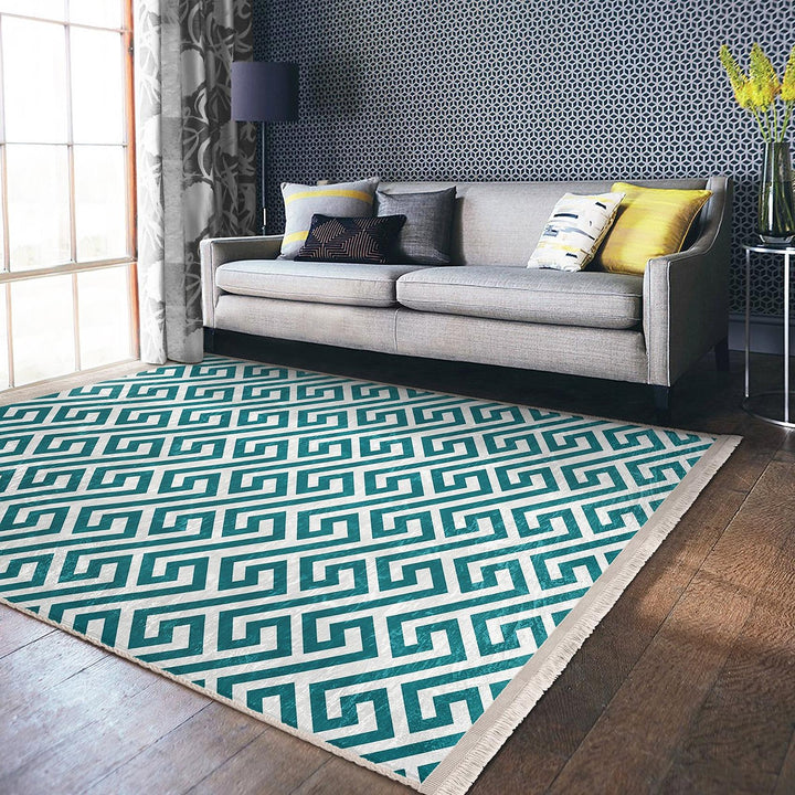 Teal Geometric Rug|Modern Minimalist Carpet|Abstract Pattern Floor Mat|Washable&Non-Slip|Scandinavian Style Decor|Cozy Room Accent