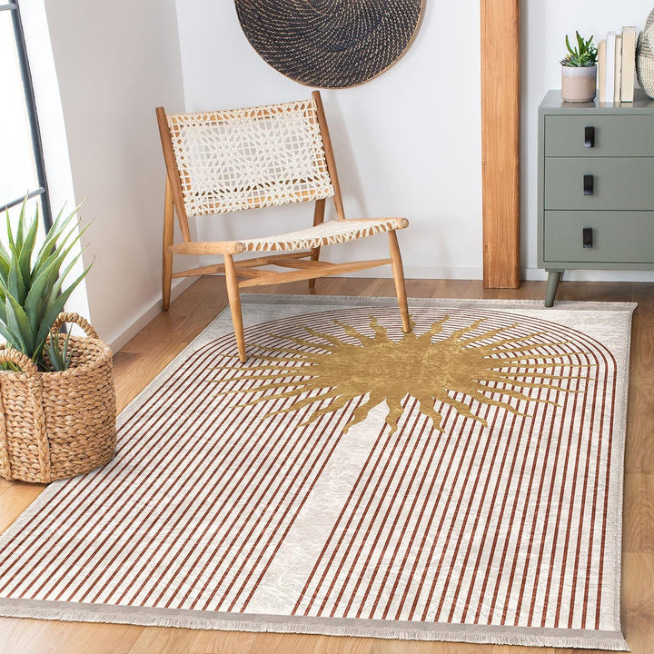 Sunburst Pattern Rug|Geometric Carpet|Boho Modern Carpet|Natural Floor Mat|Washable&Non-Slip|Warm Earthy Decor|Stylish Room Accent