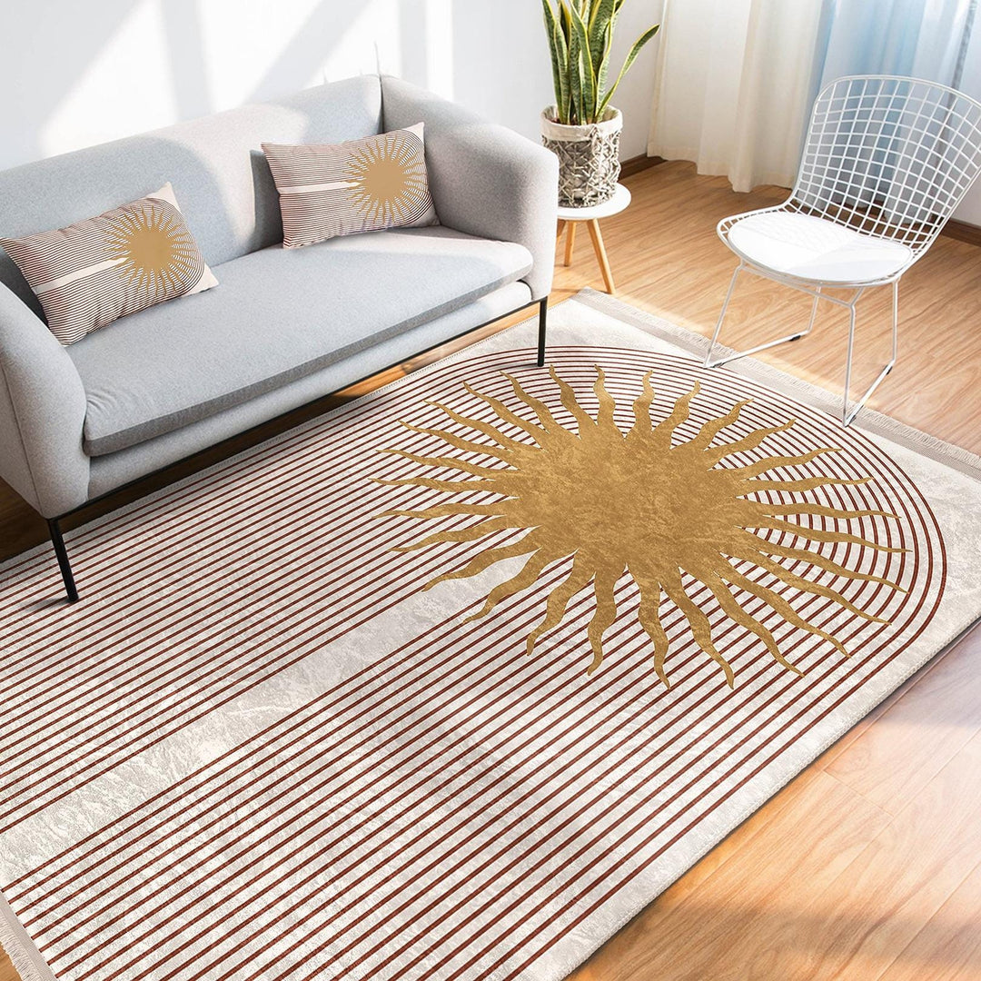 Sunburst Pattern Rug|Geometric Carpet|Boho Modern Carpet|Natural Floor Mat|Washable&Non-Slip|Warm Earthy Decor|Stylish Room Accent